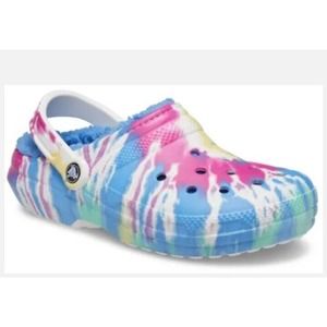 Crocs Women's Classic Lined Fuzzy Tie Dye Clogs Powder Blue Multi Size 9 NWT